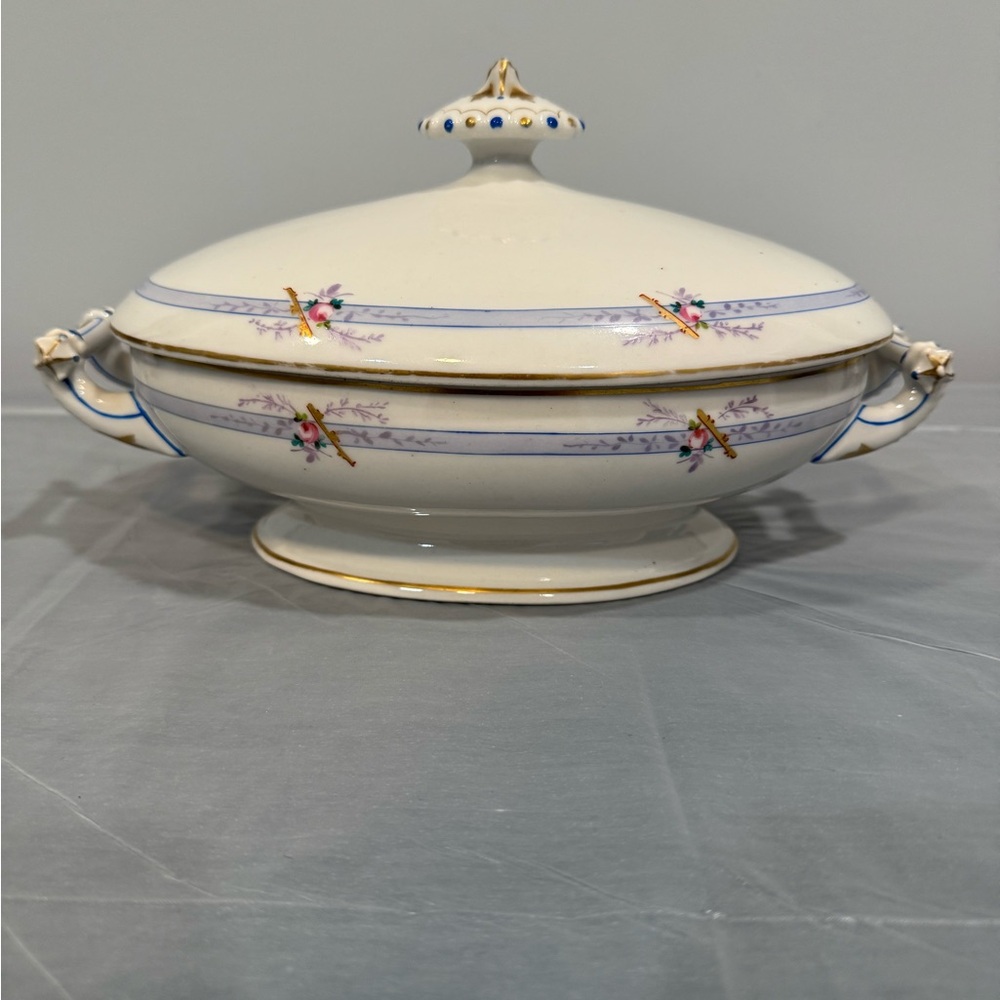 Victoria Czech Regency Covered Vegetable Dish Blue Ribbon Gold Trim